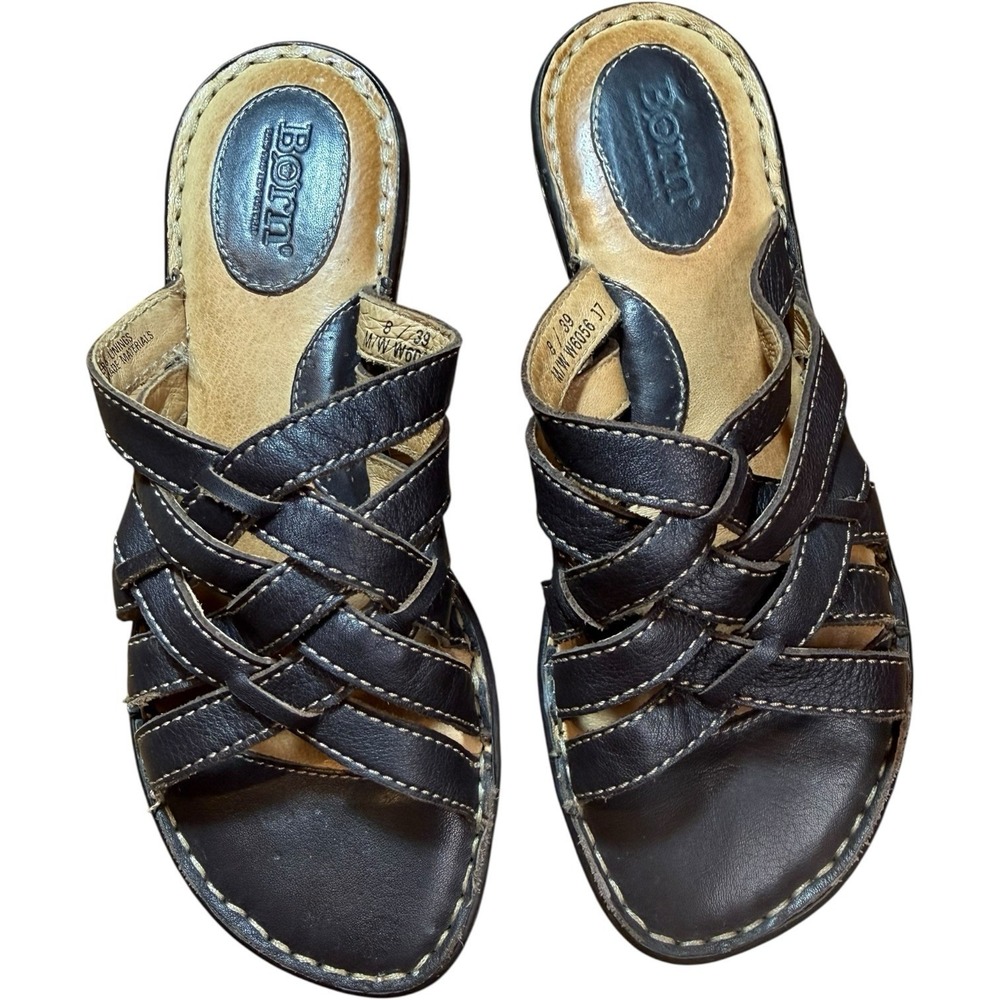 Born Brown Leather‎ Woven Strap Open Toe Slide Sandals - Women's 8 All Day Wear